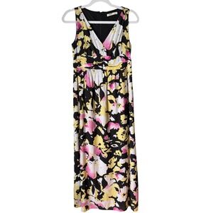 Old Navy Maxi Dress Sleeveless Black Pink Yellow Floral Print Empire Waist SZ 2